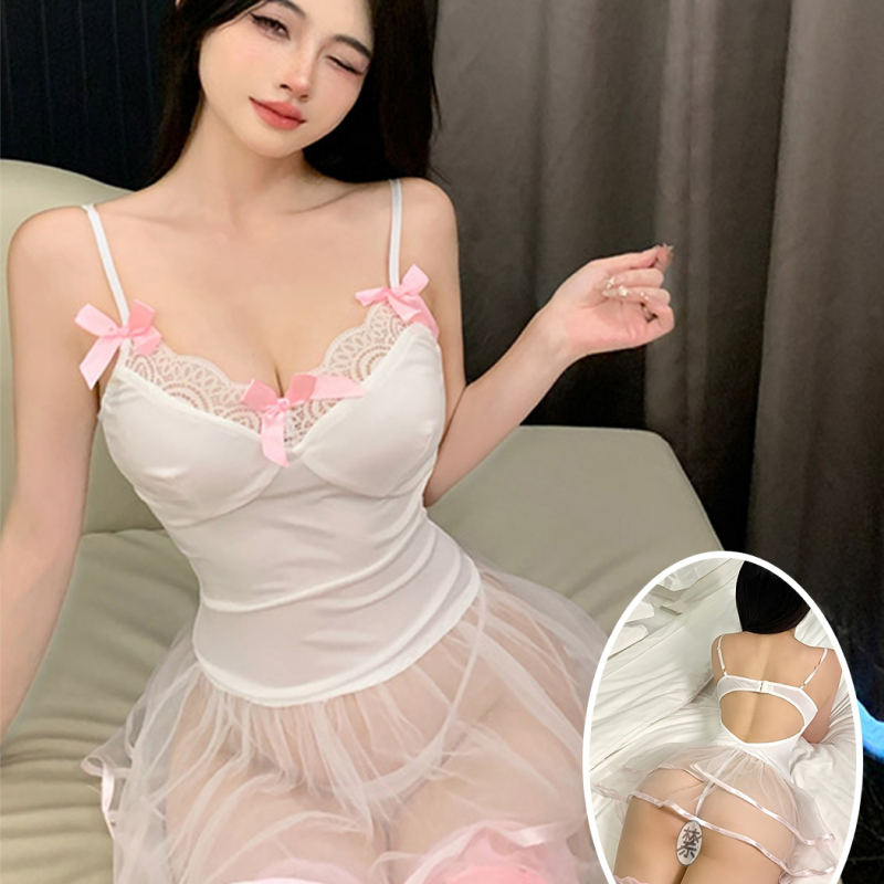 K Series Erotic Lingerie – Sheer Mesh Slip Dress K9755, Deep V & Lace