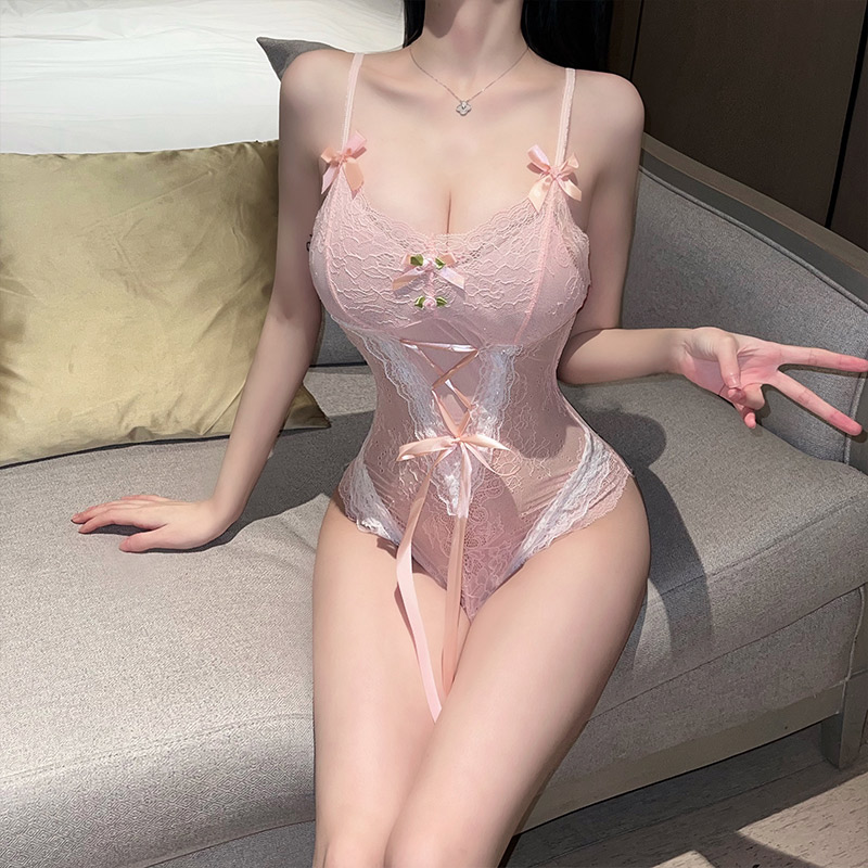 Lingerie H Series H9724 – Sexy Deep-V Bow Tulle Dress, Pink