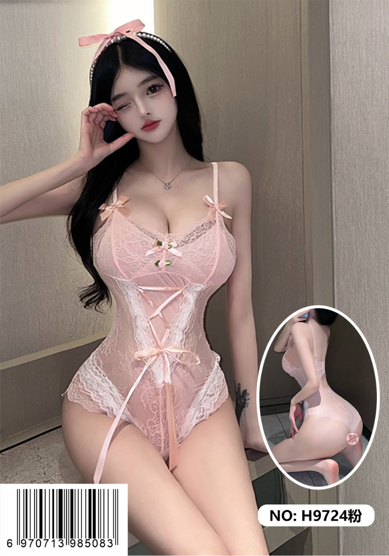 Lingerie H Series H9724 – Sexy Deep-V Bow Tulle Dress, Pink