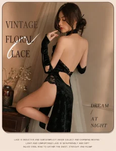 Classic Cosplay Lingerie Jacquard Side Slit Backless Exotic Nightgown Chinese Cheongsam Dress