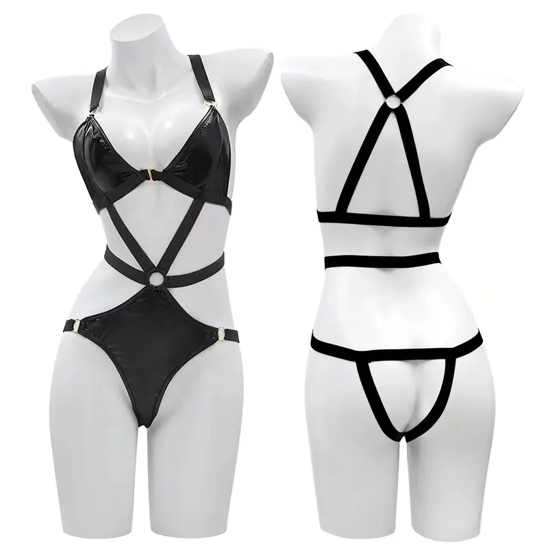 Erotic Underwear Bandage SM Lingerie Hollow Metallic Leather Bodysuit with Traction Chain