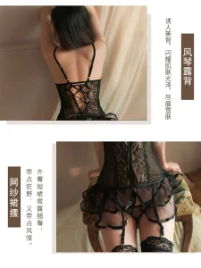 Set Maid Costume Uniform Transparent Lace Fancy Dress Women Ladies Lace Suspender Puff Dress