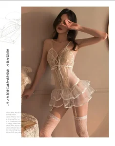 Set Maid Costume Uniform Transparent Lace Fancy Dress Women Ladies Lace Suspender Puff Dress