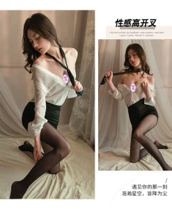 Sexy Costme Role Play OL Secretary Business White Chiffon Shirt with Tie and Black Skirt Four Piece Set