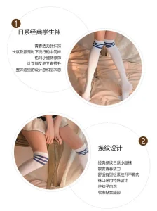 Women Black Polyester Triple White Stripes Sport School Teen Pretty Girl Tube Knee High Socks