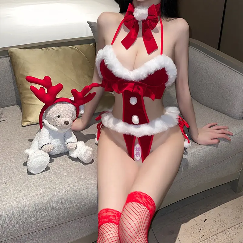 Womens Costumes Flannel Christmas Xmas Bodysuit Carnival Outfit Mini Stockings