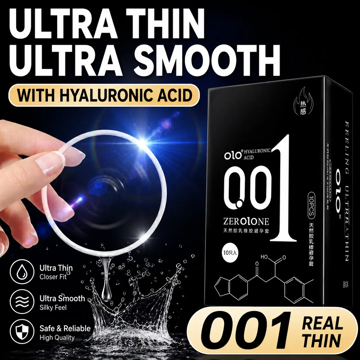 OLO 001 Hyaluronic Acid Smooth Ultra Thin Condom Black Box 10PCS 1 box Ready Stock EXP2031